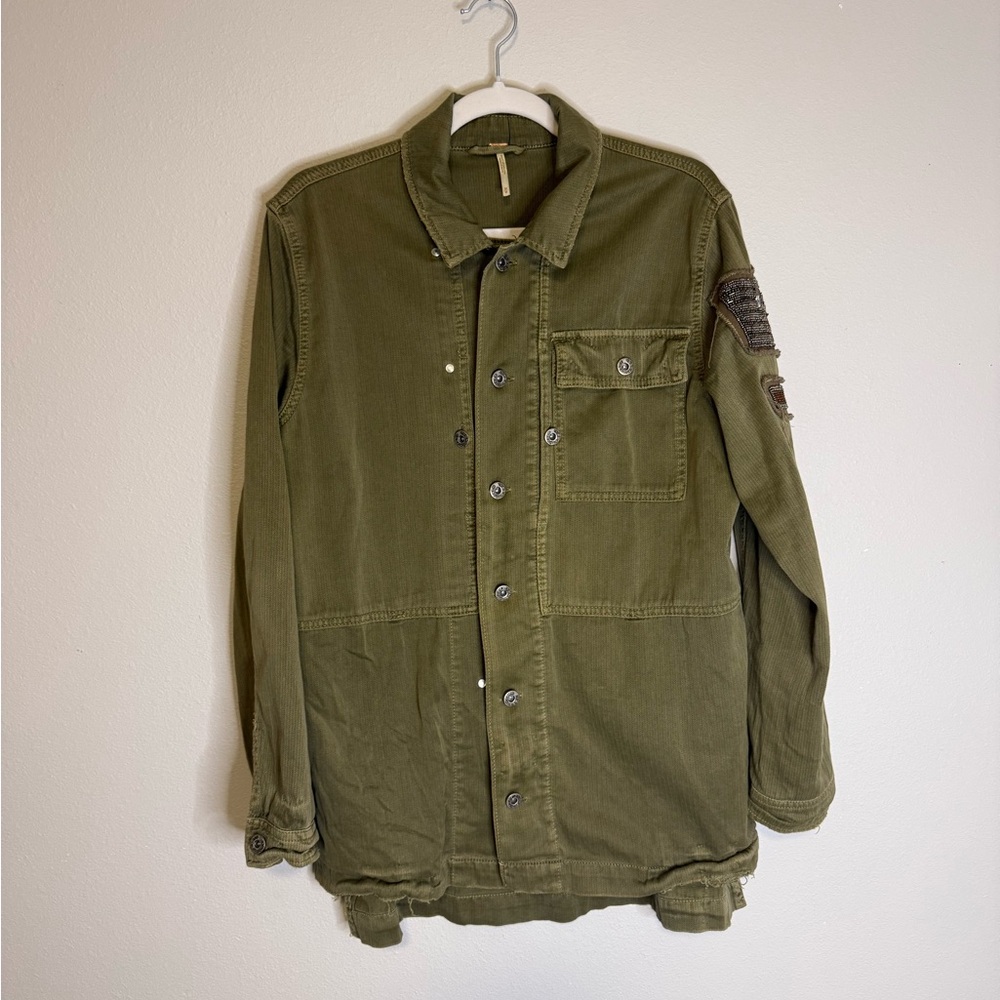 Free People Embellished Military Shirt Jacket in Olive Green Size Medium - Picture 5 of 6